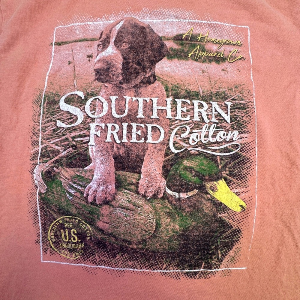 Southern Fried Cotton Men Small S Pocket TShirt Puppy Duck Graphic Salmon Orange